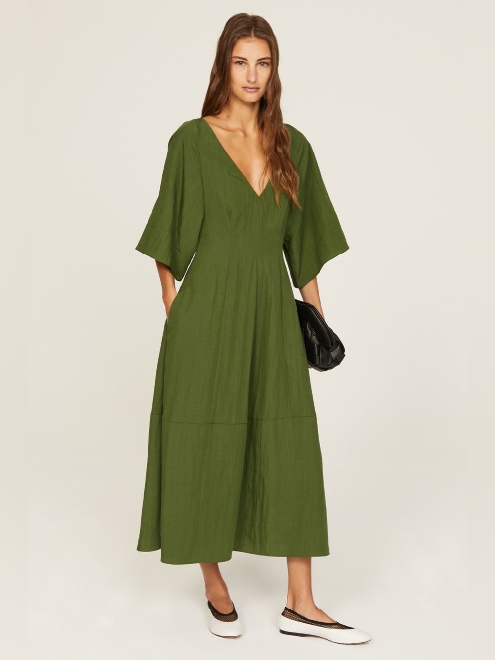 Vince Olive Green V-Neck Midi Dress